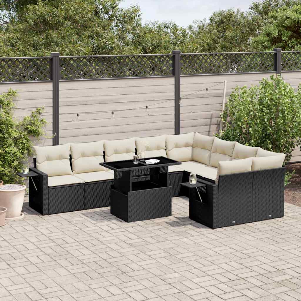 10-tlg. Garten-Sofagarnitur mit Kissen Schwarz Poly Rattan