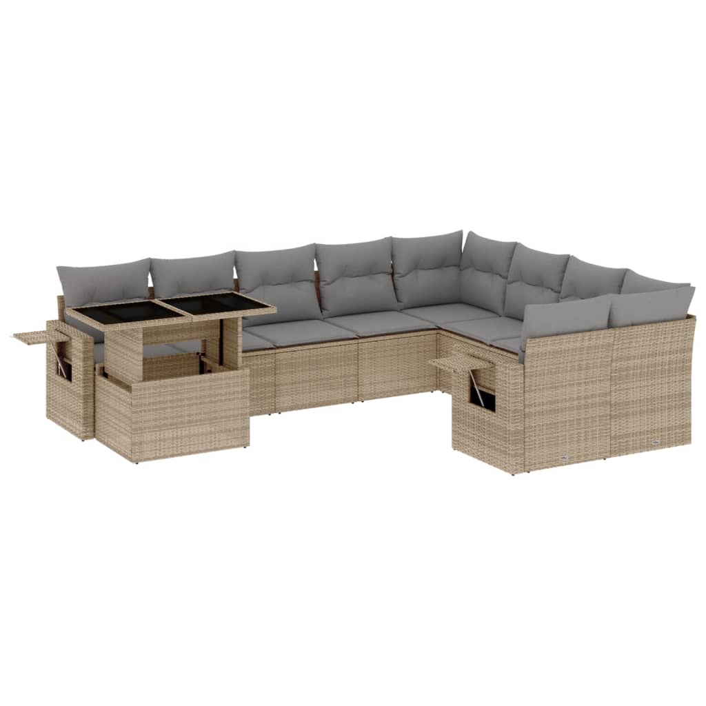 10-tlg. Garten-Sofagarnitur mit Kissen Beige Poly Rattan