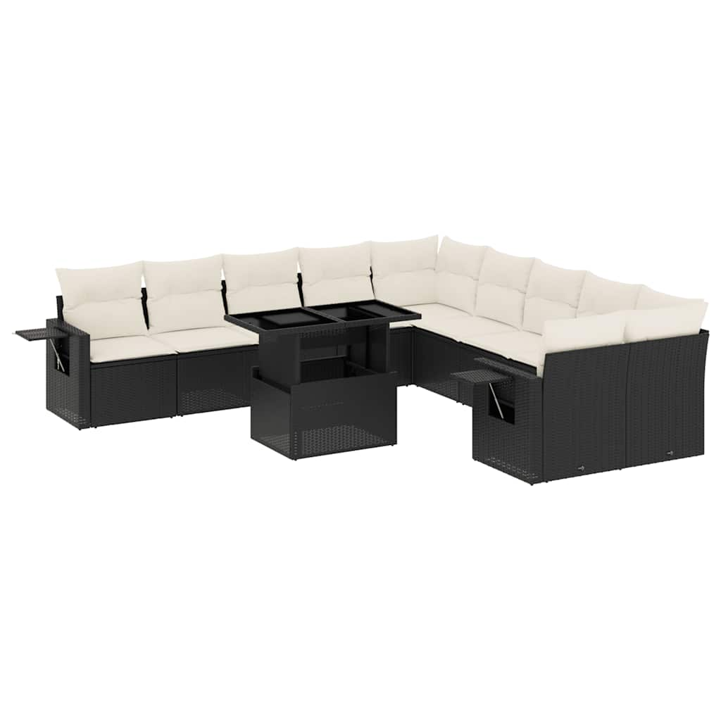 11-tlg. Garten-Sofagarnitur mit Kissen Schwarz Poly Rattan