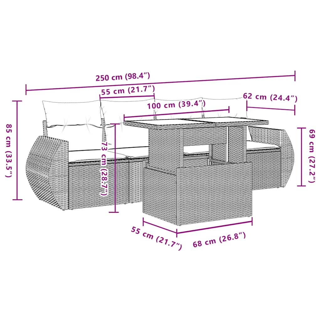 5-tlg. Garten-Sofagarnitur mit Kissen Schwarz Poly Rattan