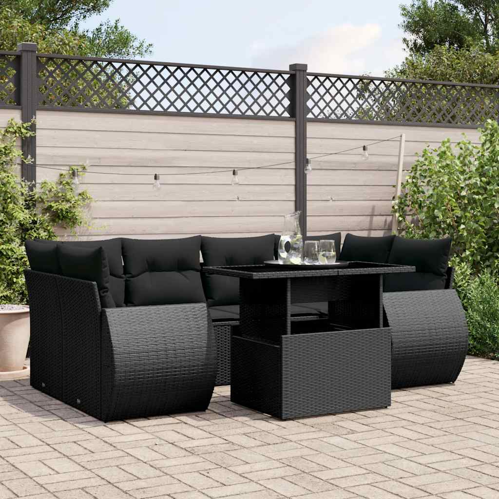 7-tlg. Garten-Sofagarnitur mit Kissen Schwarz Poly Rattan