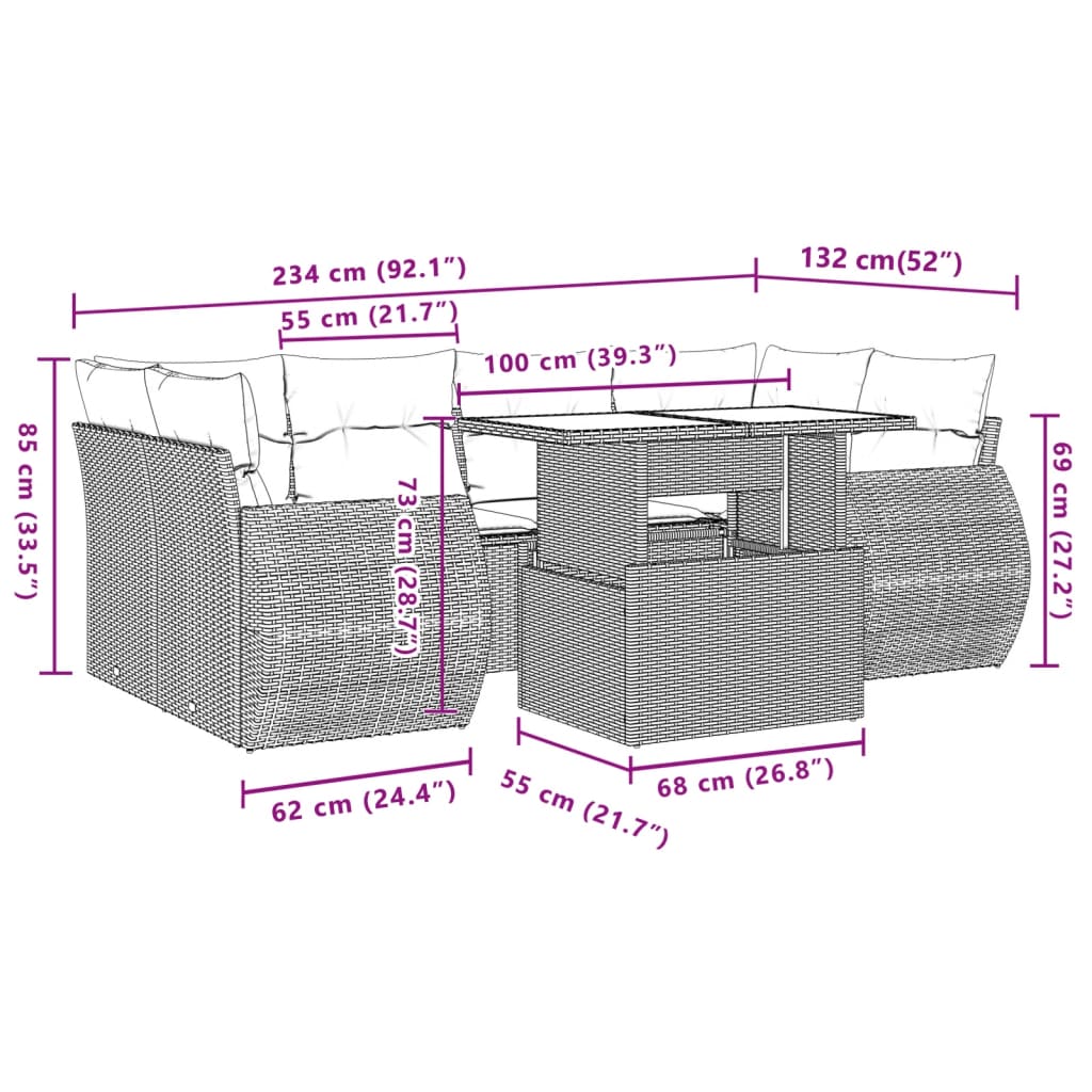 7-tlg. Garten-Sofagarnitur mit Kissen Schwarz Poly Rattan