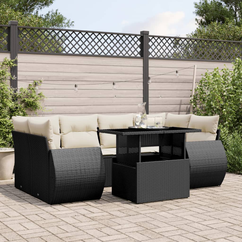 7-tlg. Garten-Sofagarnitur mit Kissen Schwarz Poly Rattan