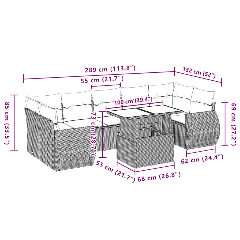 8-tlg. Garten-Sofagarnitur mit Kissen Schwarz Poly Rattan