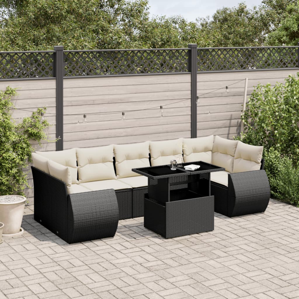 8-tlg. Garten-Sofagarnitur mit Kissen Schwarz Poly Rattan