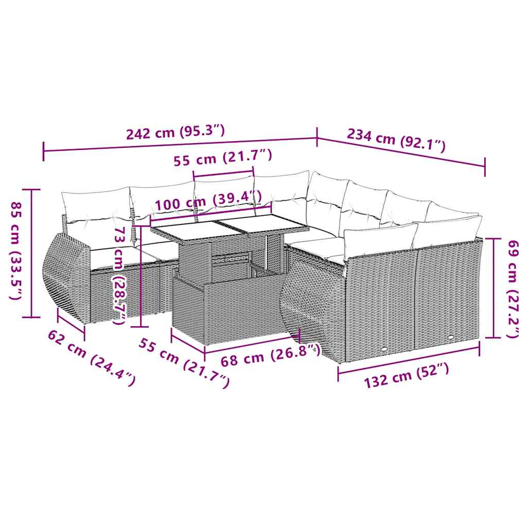 9-tlg. Garten-Sofagarnitur mit Kissen Schwarz Poly Rattan