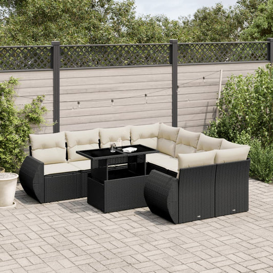 9-tlg. Garten-Sofagarnitur mit Kissen Schwarz Poly Rattan