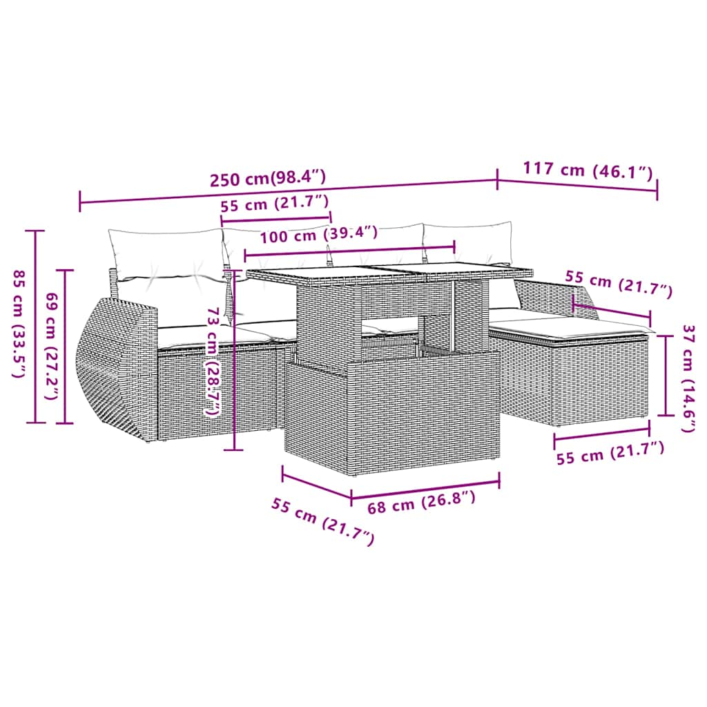 6-tlg. Garten-Sofagarnitur mit Kissen Schwarz Poly Rattan