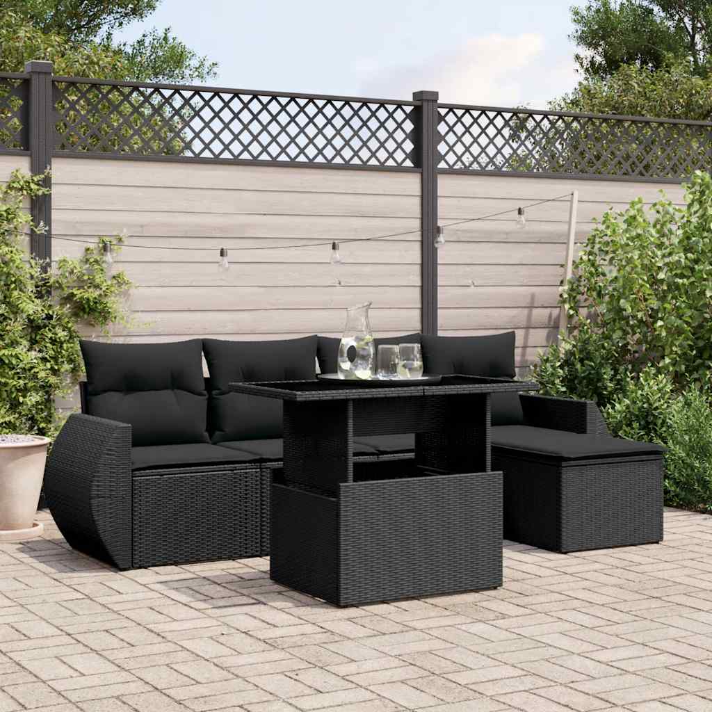 6-tlg. Garten-Sofagarnitur mit Kissen Schwarz Poly Rattan