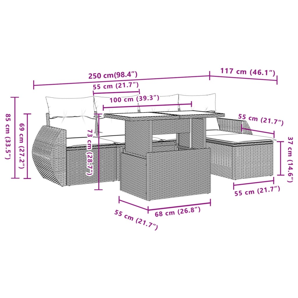 6-tlg. Garten-Sofagarnitur mit Kissen Schwarz Poly Rattan