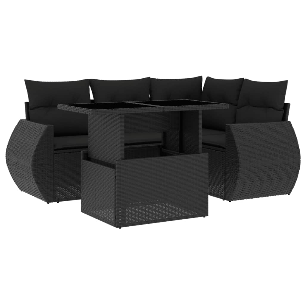 5-tlg. Garten-Sofagarnitur mit Kissen Schwarz Poly Rattan