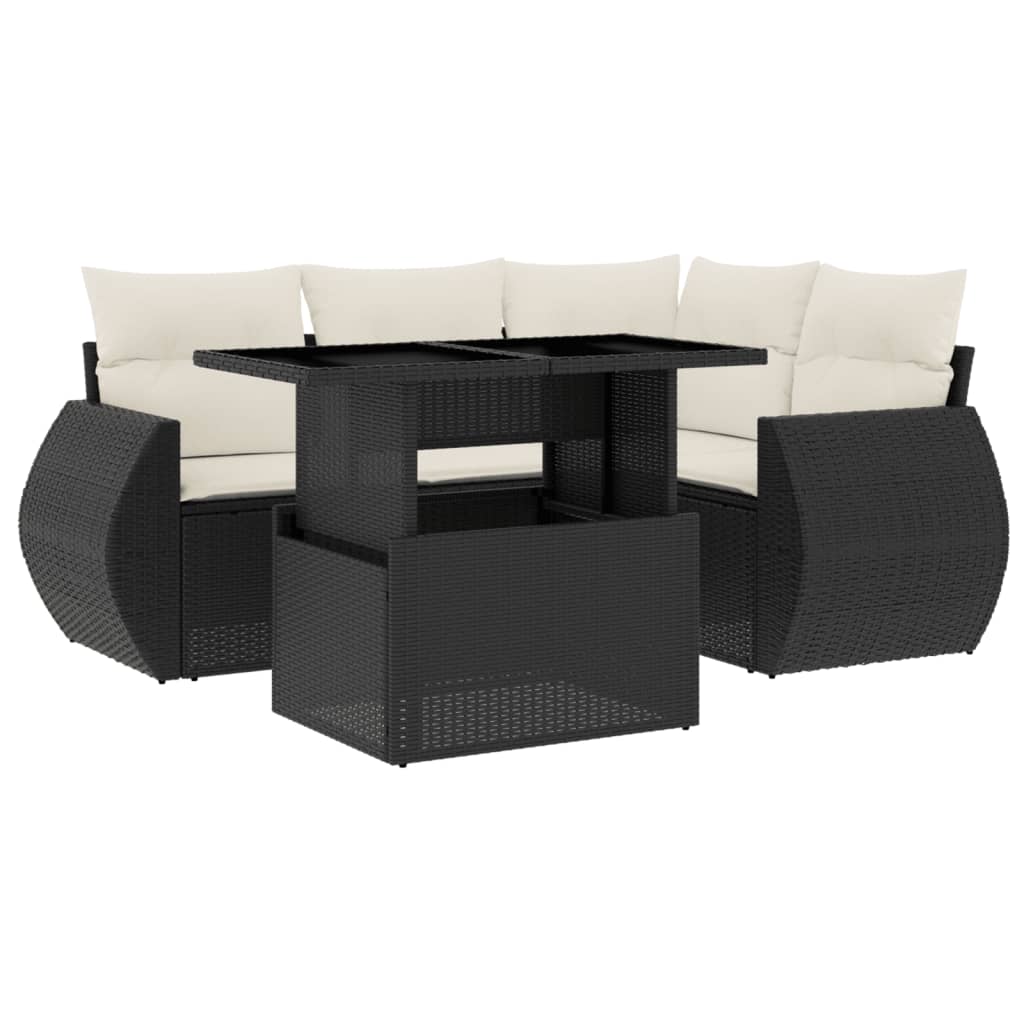 5-tlg. Garten-Sofagarnitur mit Kissen Schwarz Poly Rattan