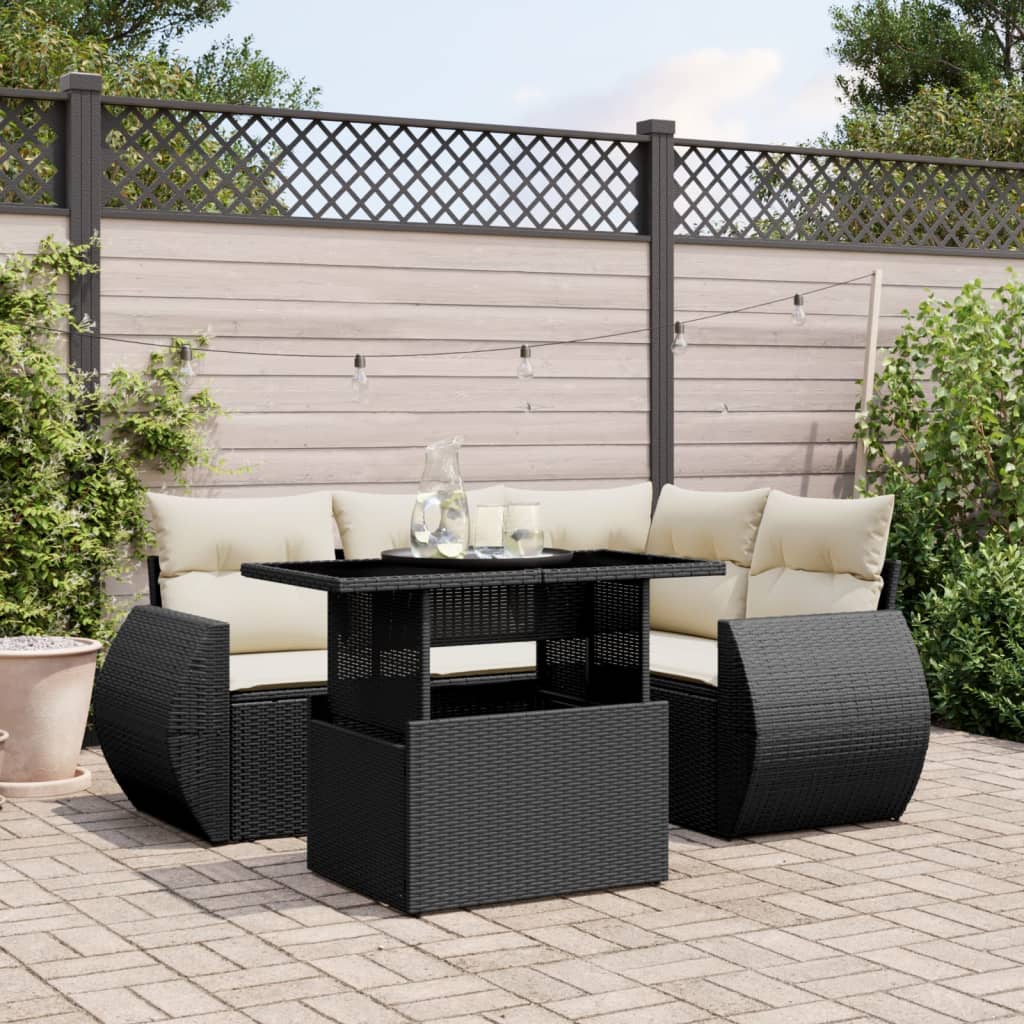 5-tlg. Garten-Sofagarnitur mit Kissen Schwarz Poly Rattan