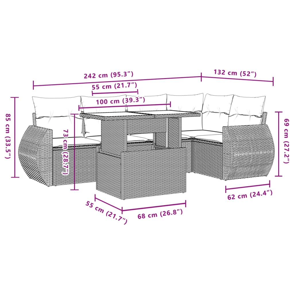 6-tlg. Garten-Sofagarnitur mit Kissen Schwarz Poly Rattan