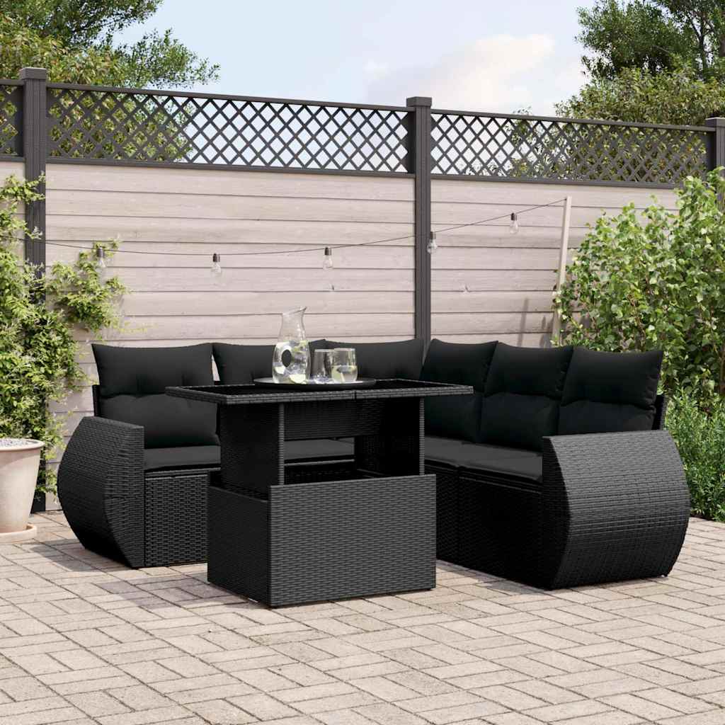 6-tlg. Garten-Sofagarnitur mit Kissen Schwarz Poly Rattan