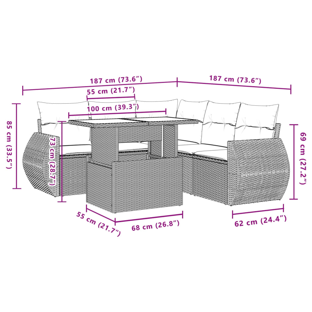 6-tlg. Garten-Sofagarnitur mit Kissen Schwarz Poly Rattan