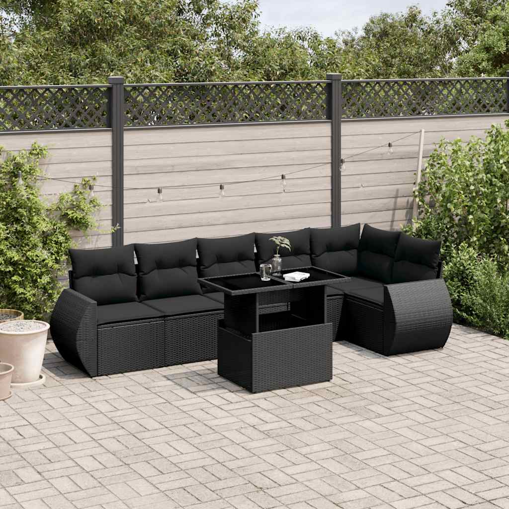 7-tlg. Garten-Sofagarnitur mit Kissen Schwarz Poly Rattan