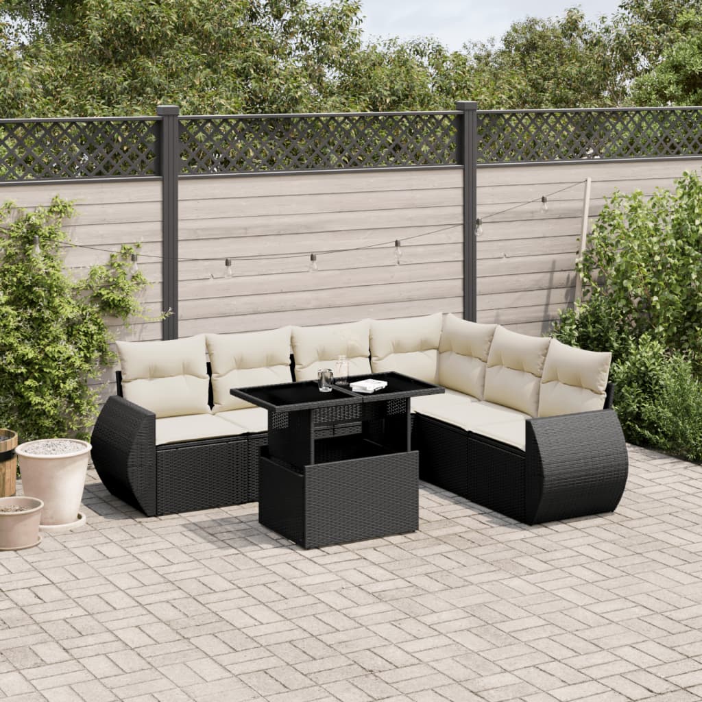 7-tlg. Garten-Sofagarnitur mit Kissen Schwarz Poly Rattan