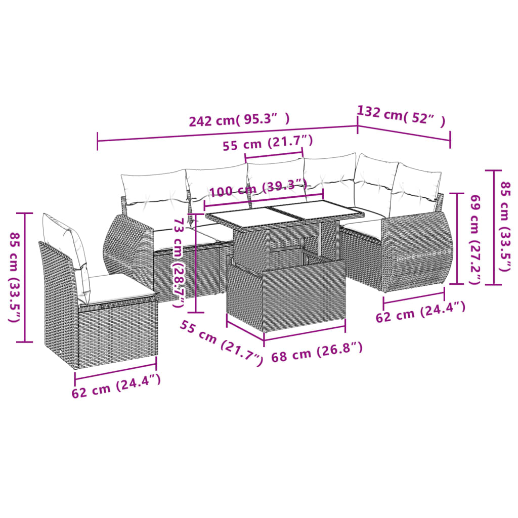 7-tlg. Garten-Sofagarnitur mit Kissen Schwarz Poly Rattan