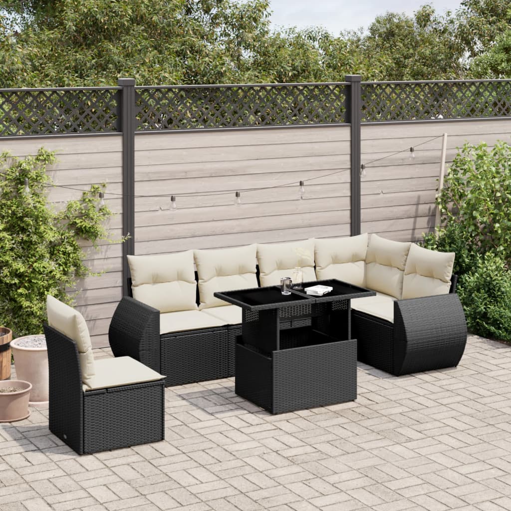 7-tlg. Garten-Sofagarnitur mit Kissen Schwarz Poly Rattan