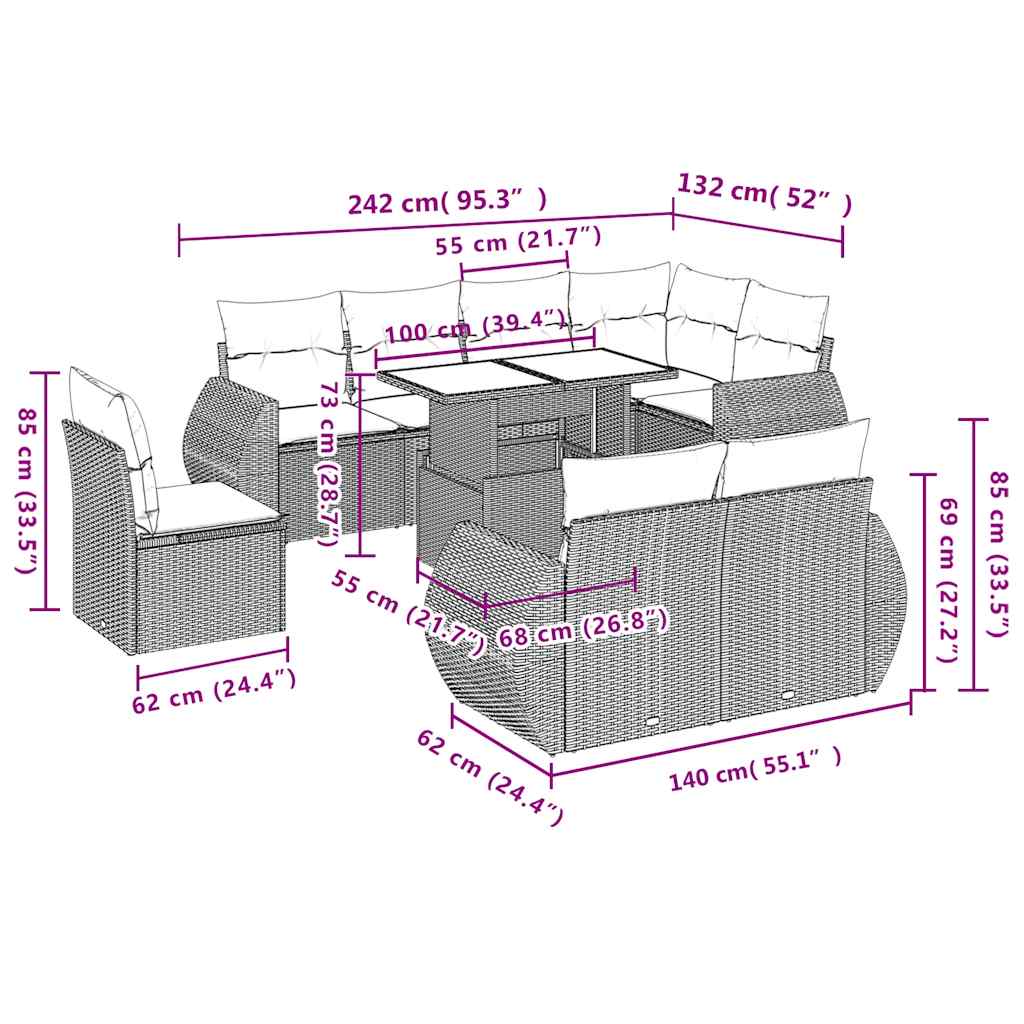 9-tlg. Garten-Sofagarnitur mit Kissen Schwarz Poly Rattan