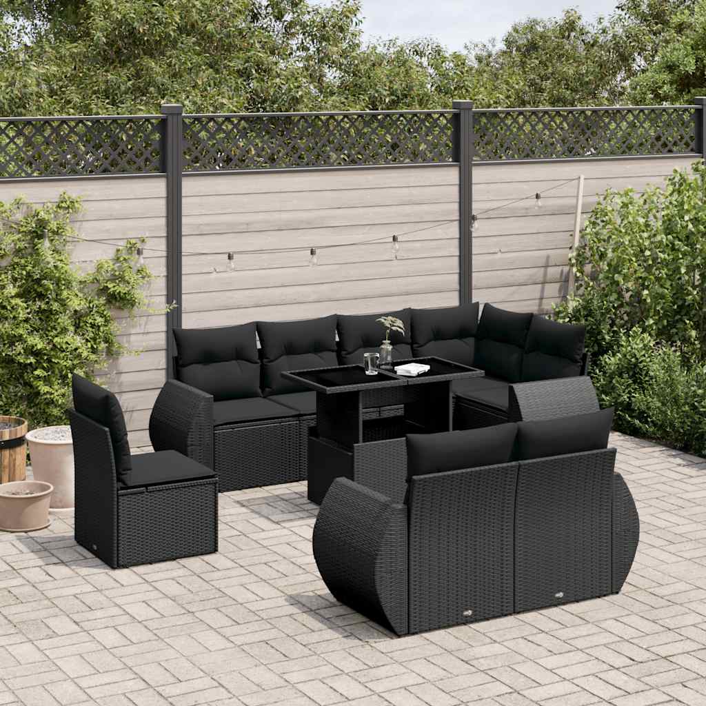 9-tlg. Garten-Sofagarnitur mit Kissen Schwarz Poly Rattan