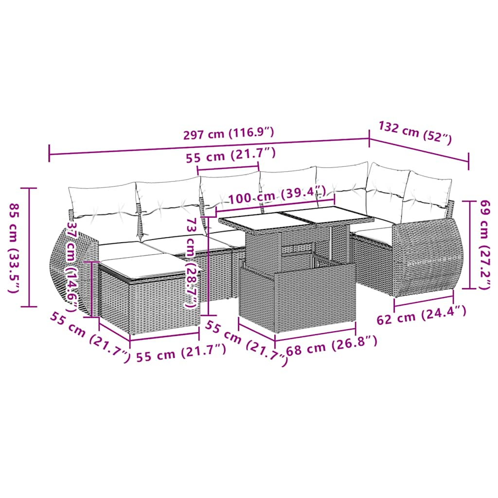 8-tlg. Garten-Sofagarnitur mit Kissen Schwarz Poly Rattan