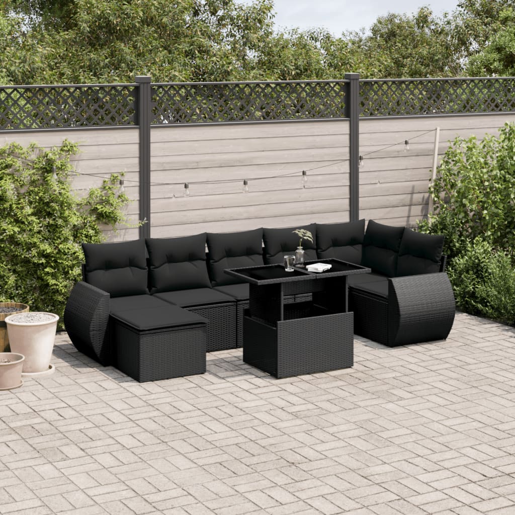 8-tlg. Garten-Sofagarnitur mit Kissen Schwarz Poly Rattan