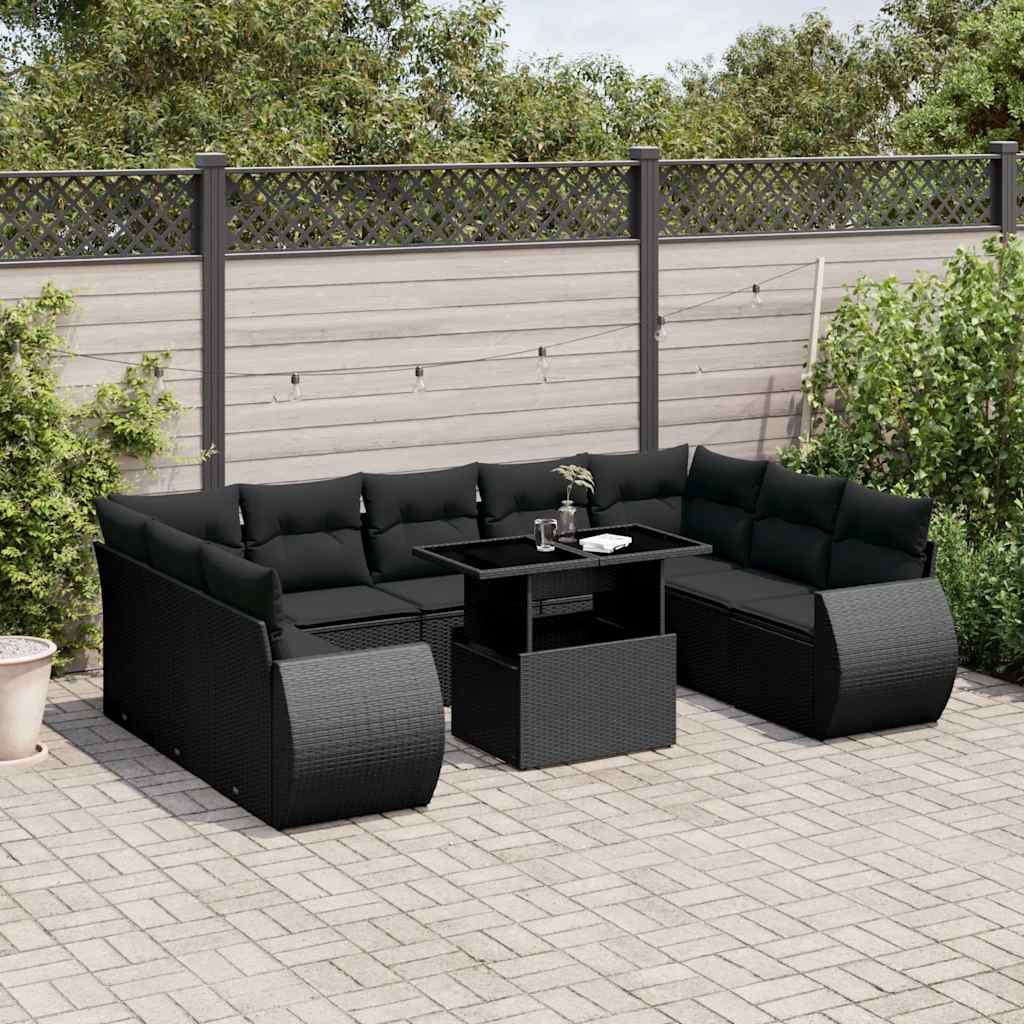 10-tlg. Garten-Sofagarnitur mit Kissen Schwarz Poly Rattan