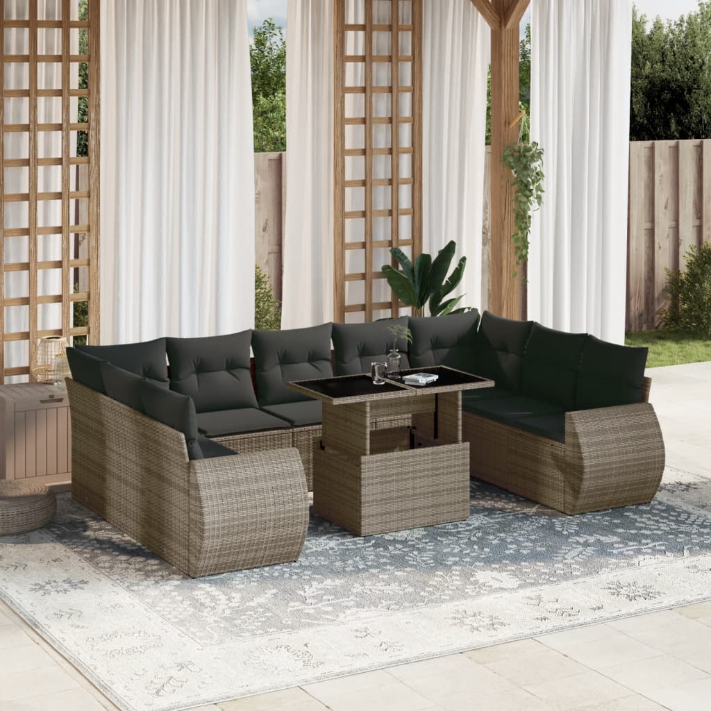 10-tlg. Garten-Sofagarnitur mit Kissen Grau Poly Rattan