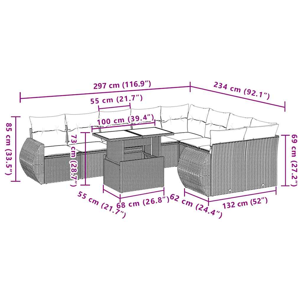 10-tlg. Garten-Sofagarnitur mit Kissen Schwarz Poly Rattan