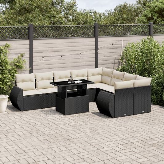 10-tlg. Garten-Sofagarnitur mit Kissen Schwarz Poly Rattan