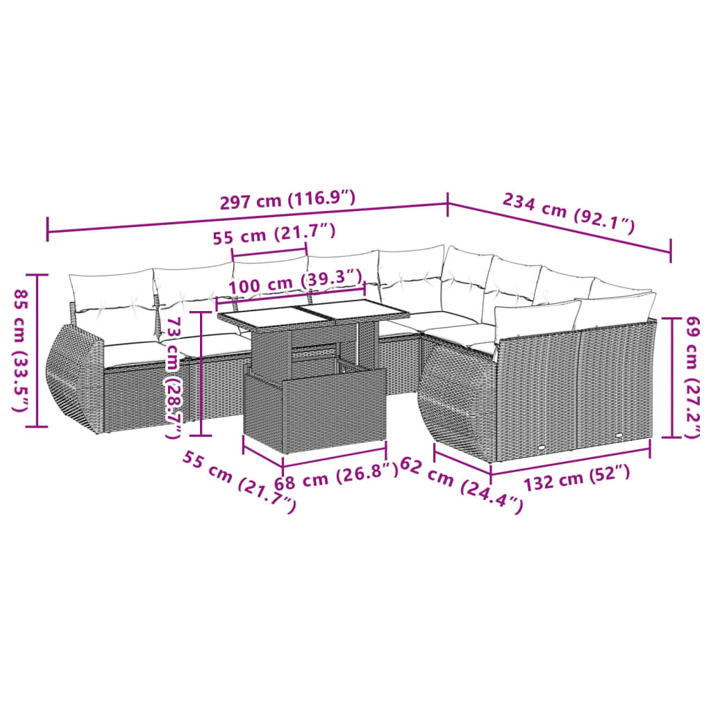 10-tlg. Garten-Sofagarnitur mit Kissen Grau Poly Rattan