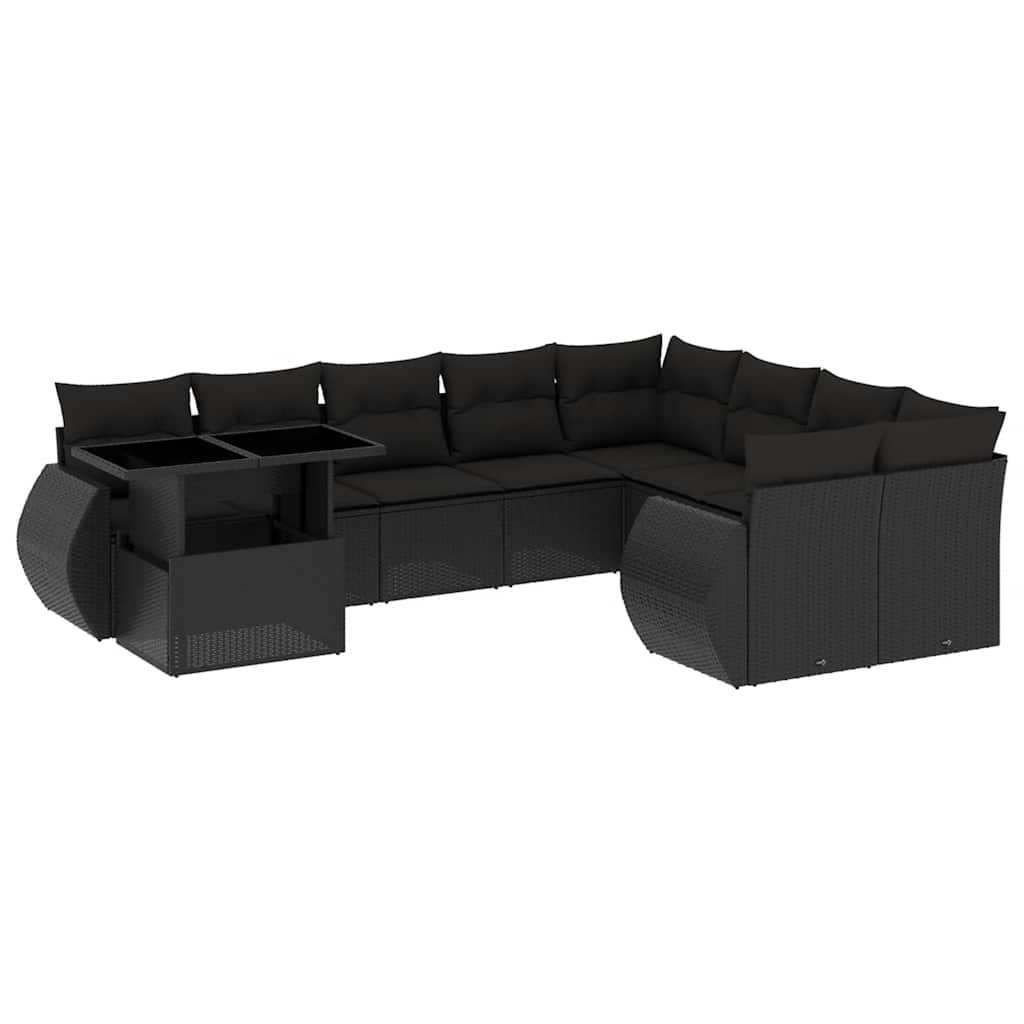 10-tlg. Garten-Sofagarnitur mit Kissen Schwarz Poly Rattan