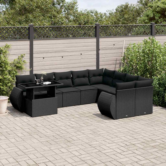 10-tlg. Garten-Sofagarnitur mit Kissen Schwarz Poly Rattan