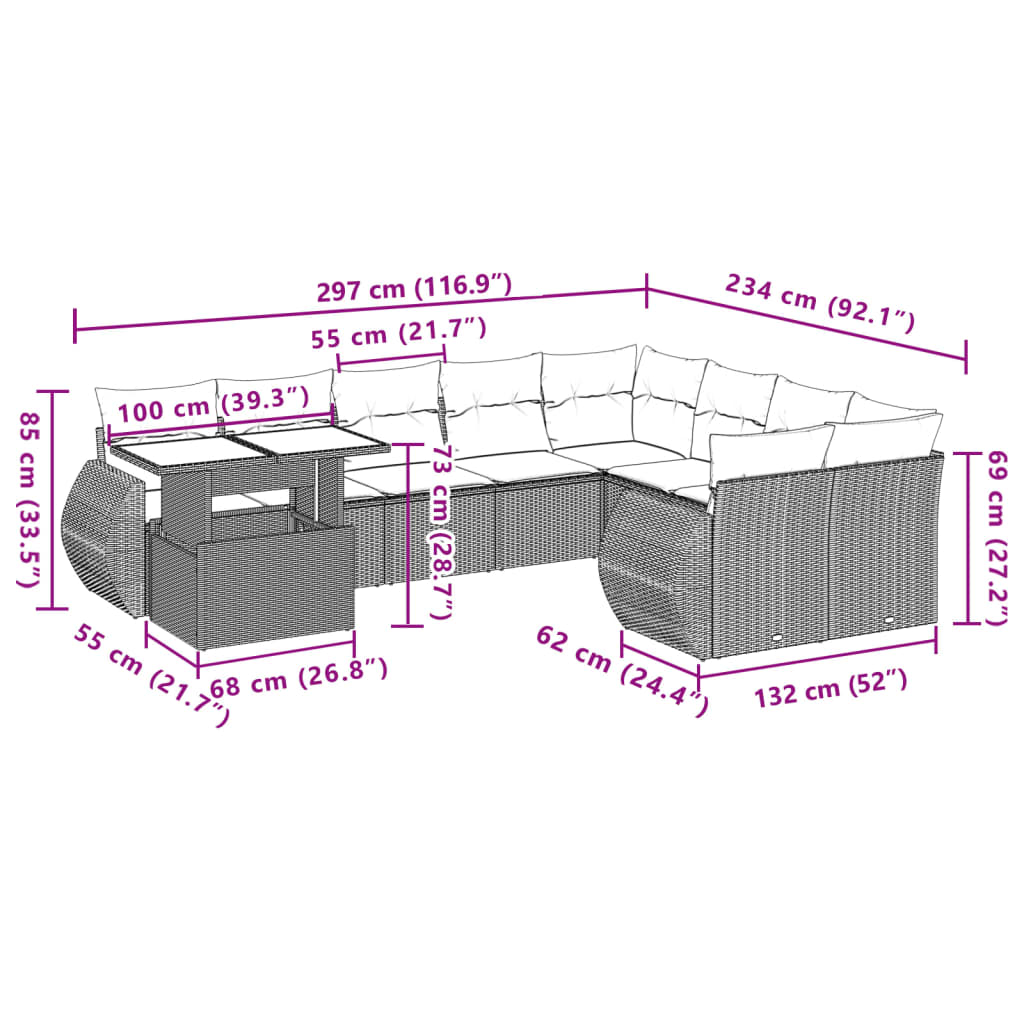 10-tlg. Garten-Sofagarnitur mit Kissen Grau Poly Rattan