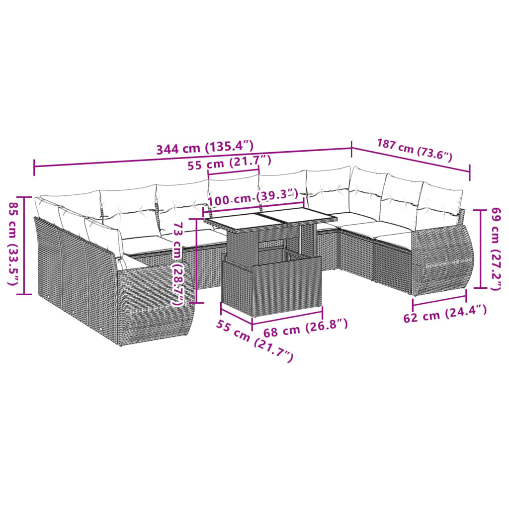 11-tlg. Garten-Sofagarnitur mit Kissen Schwarz Poly Rattan