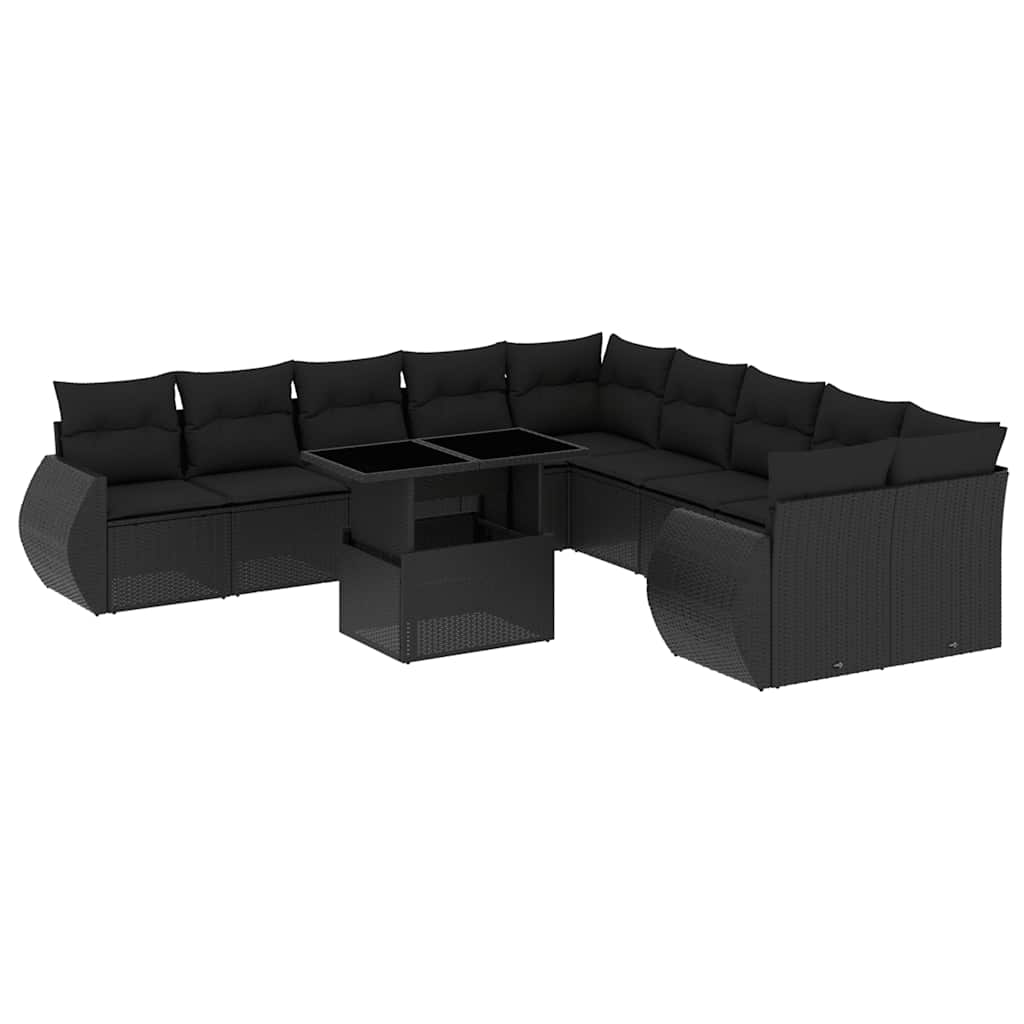 11-tlg. Garten-Sofagarnitur mit Kissen Schwarz Poly Rattan