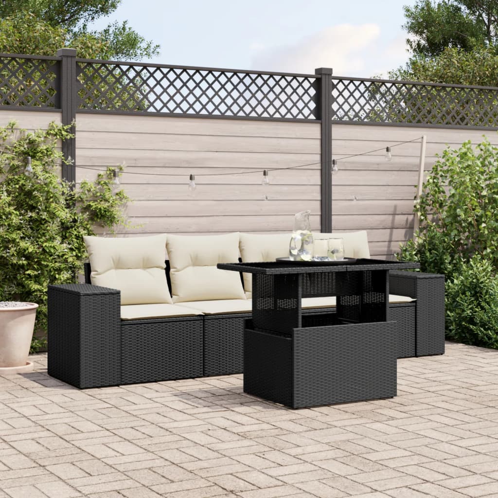 5-tlg. Garten-Sofagarnitur mit Kissen Schwarz Poly Rattan