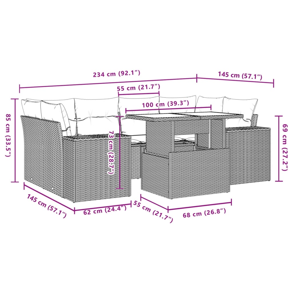 7-tlg. Garten-Sofagarnitur mit Kissen Schwarz Poly Rattan