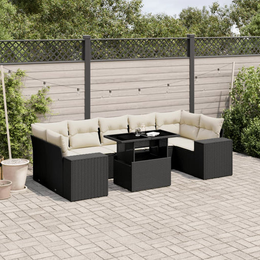 8-tlg. Garten-Sofagarnitur mit Kissen Schwarz Poly Rattan