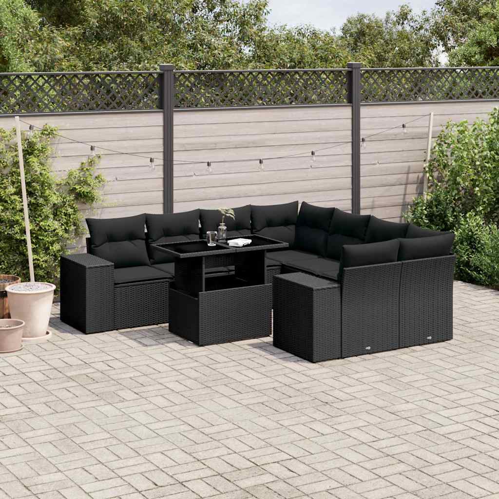 9-tlg. Garten-Sofagarnitur mit Kissen Schwarz Poly Rattan