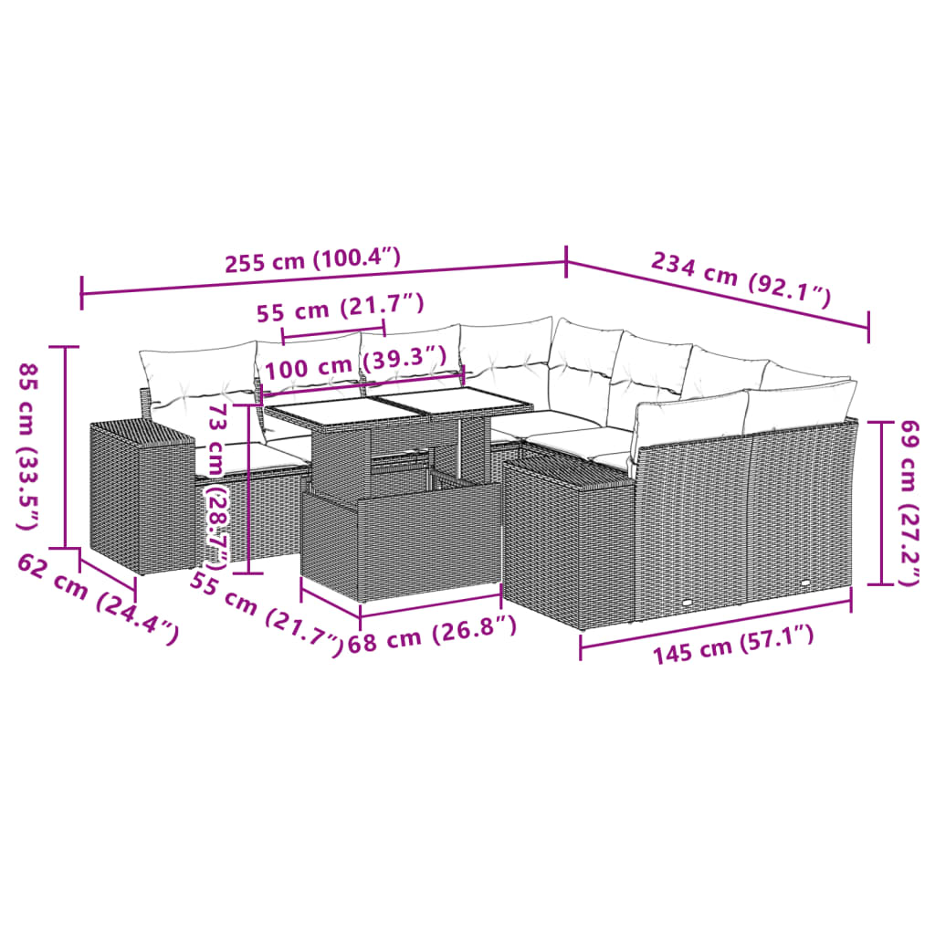 9-tlg. Garten-Sofagarnitur mit Kissen Schwarz Poly Rattan