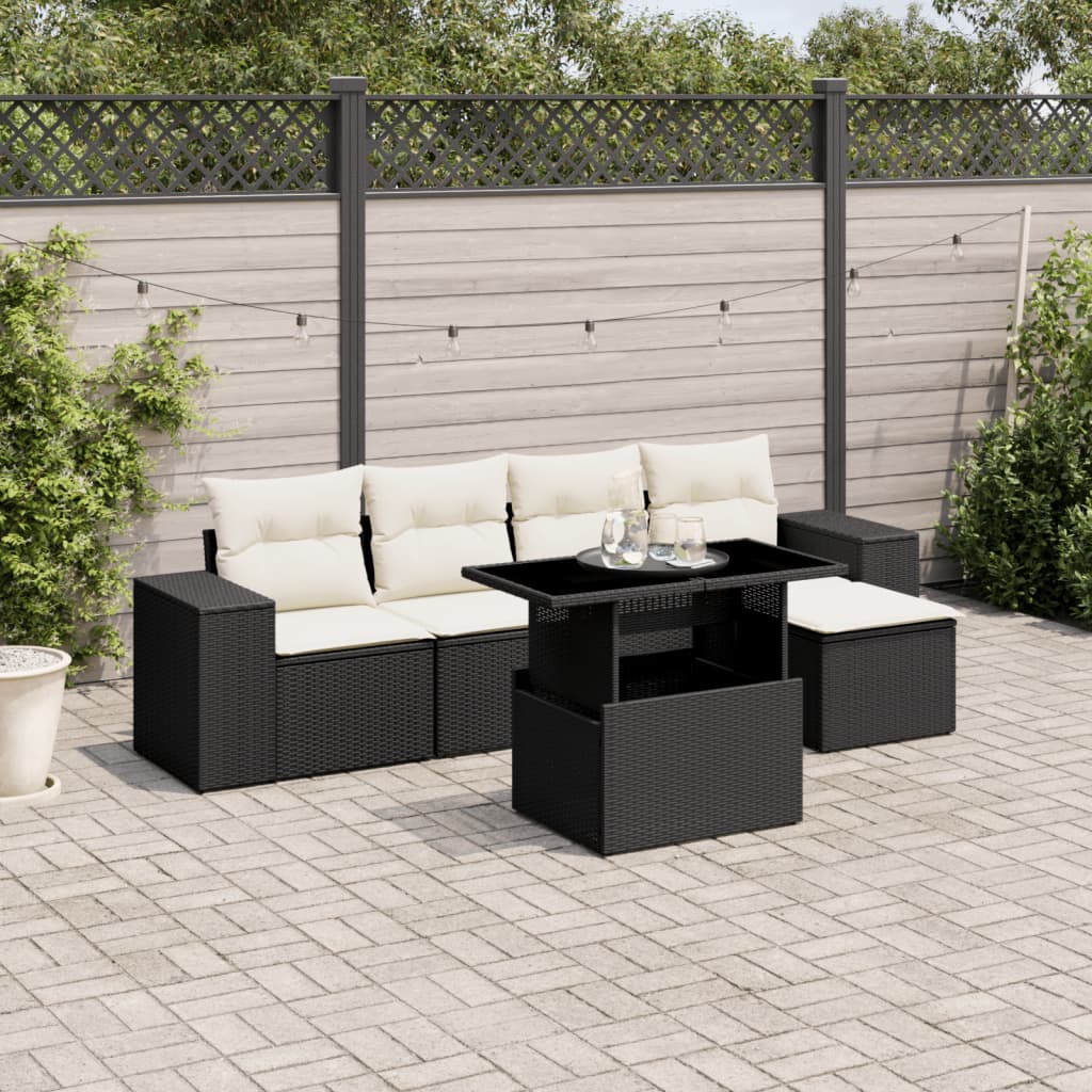 6-tlg. Garten-Sofagarnitur mit Kissen Schwarz Poly Rattan