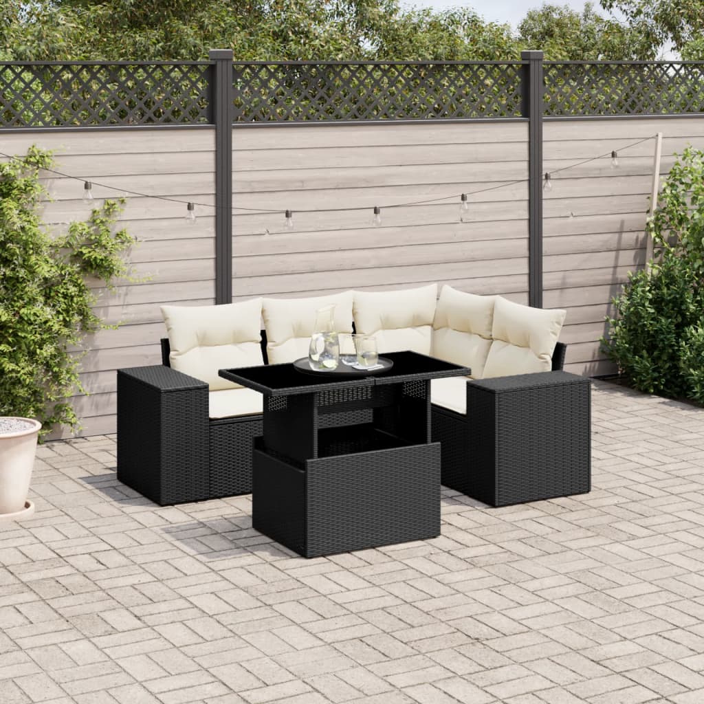 5-tlg. Garten-Sofagarnitur mit Kissen Schwarz Poly Rattan