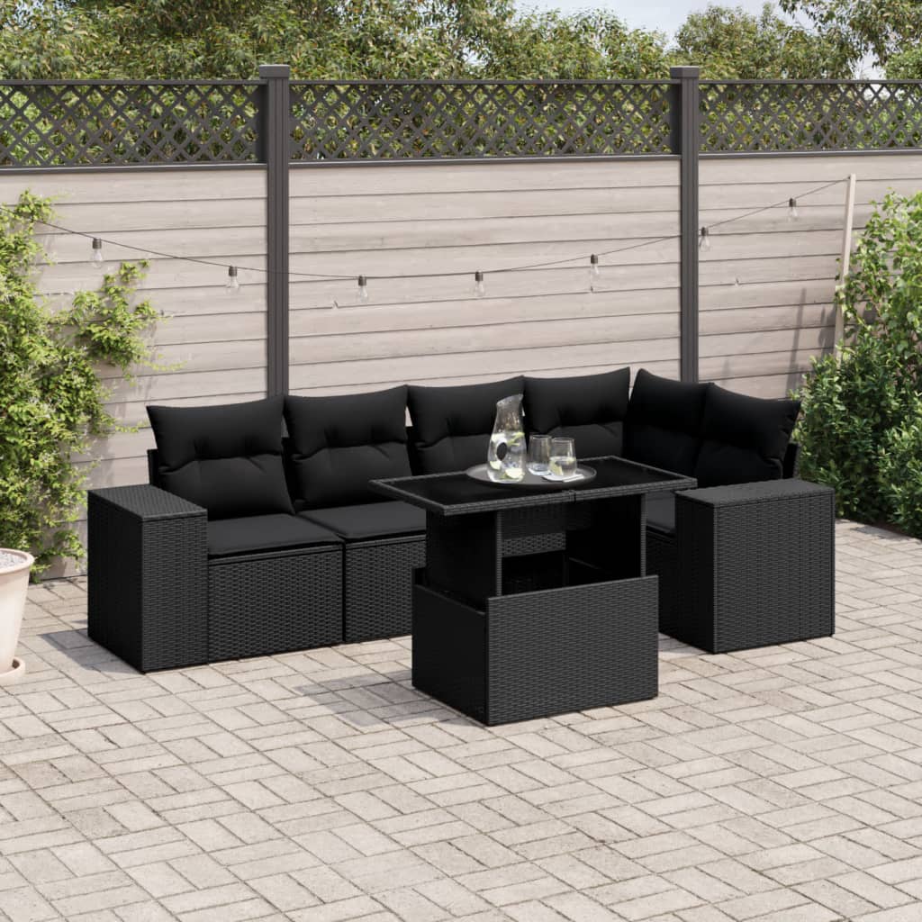 6-tlg. Garten-Sofagarnitur mit Kissen Schwarz Poly Rattan