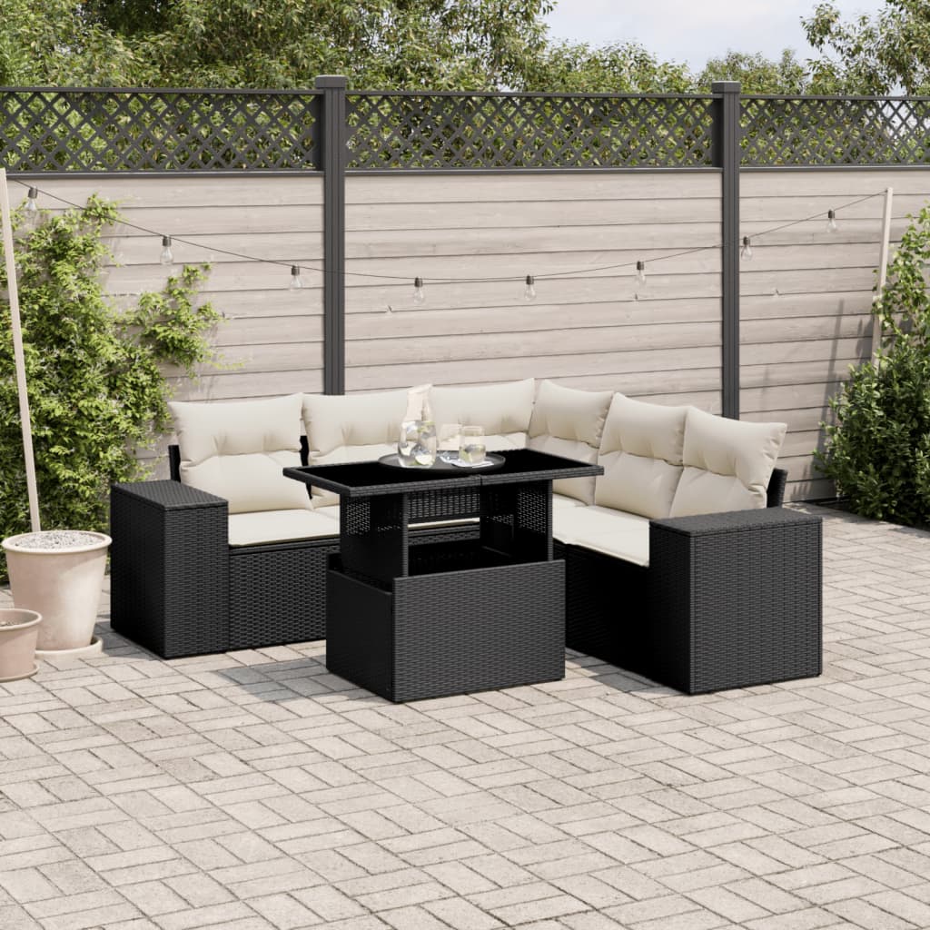 6-tlg. Garten-Sofagarnitur mit Kissen Schwarz Poly Rattan