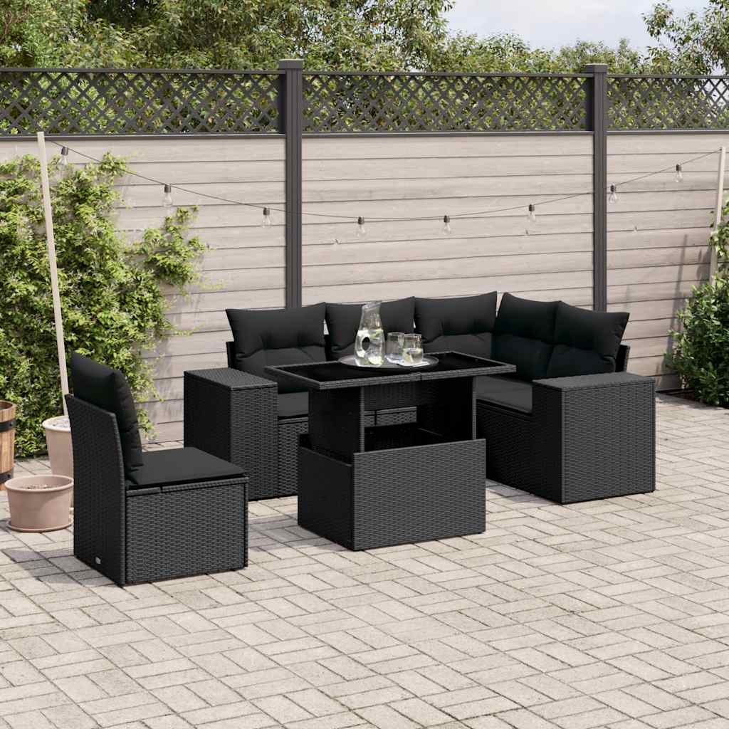 6-tlg. Garten-Sofagarnitur mit Kissen Schwarz Poly Rattan