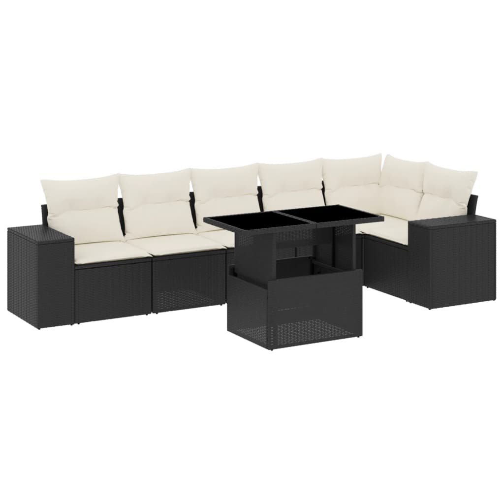 7-tlg. Garten-Sofagarnitur mit Kissen Schwarz Poly Rattan