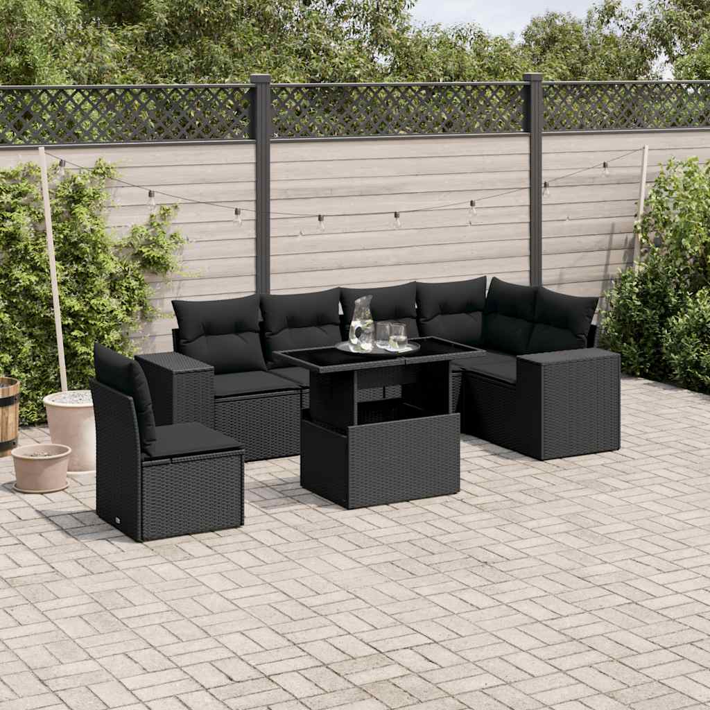 7-tlg. Garten-Sofagarnitur mit Kissen Schwarz Poly Rattan